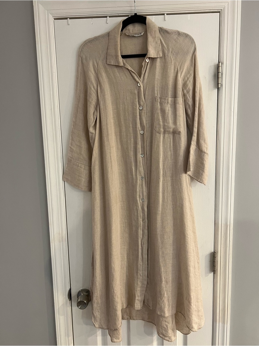 Zara Light Beige Button-Front Linen Maxi Dress